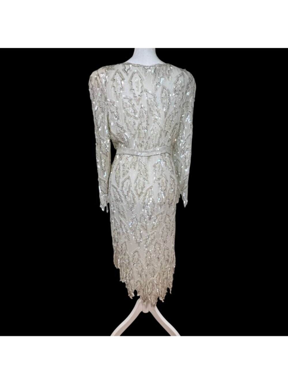 Vintage 80s Silk Sequin Beaded LWD Cocktail Bridal Wedding MOB Midi Dress M - Picture 3 of 16